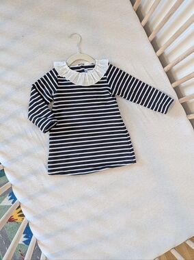 🇫🇷 JACADI - 24M- Navy & White Striped Ruffle Collar Dress - Girls